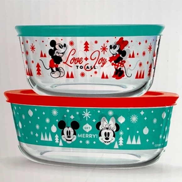 NIB Pyrex Disney Christmas Mickey & Minnie Mouse Decorated Glass Containers Lids - Picture 2 of 7